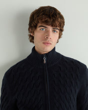 Load image into Gallery viewer, N.Peal Men&#39;s Hammersmith Cable Full Zip Cashmere Jumper Navy Blue
