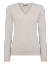 Load image into Gallery viewer, N.Peal Women&#39;s Phoebe V Neck Cashmere Jumper With Lurex Sand Brown Sparkle
