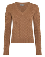 Load image into Gallery viewer, N.Peal Women&#39;s Frankie Cable V Neck Cashmere Jumper Dark Camel Brown
