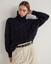 Load image into Gallery viewer, N.Peal Women&#39;s Hana Chunky Cable Roll Neck Cashmere Jumper Navy Blue
