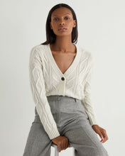 Load image into Gallery viewer, N.Peal Women&#39;s V Neck Cable Cashmere Cardigan With Lurex Snow Grey Sparkle
