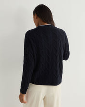 Load image into Gallery viewer, N.Peal Women&#39;s V Neck Cable Cashmere Cardigan Navy Blue
