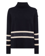 Load image into Gallery viewer, N.Peal Women&#39;s Stripe Mock Neck Cashmere Jumper With Lurex Navy Blue
