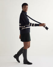 Load image into Gallery viewer, N.Peal Women&#39;s Stripe Mock Neck Cashmere Jumper With Lurex Navy Blue

