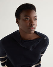Load image into Gallery viewer, N.Peal Women&#39;s Stripe Mock Neck Cashmere Jumper With Lurex Navy Blue
