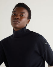 Load image into Gallery viewer, N.Peal Women&#39;s Stripe Mock Neck Cashmere Jumper With Lurex Navy Blue
