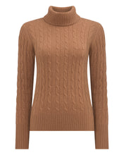 Load image into Gallery viewer, N.Peal Women&#39;s Adelyn Cable Roll Cashmere Jumper Dark Camel Brown
