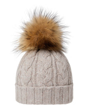 Load image into Gallery viewer, N.Peal Women's Cable Cashmere Hat With Fur Pom Basilica Beige Brown Marl
