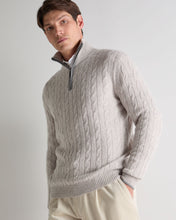 Load image into Gallery viewer, N.Peal Men's Albemarle Cable Half Zip Cashmere Jumper Nougat Brown Marl
