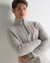 Load image into Gallery viewer, N.Peal Men's Albemarle Cable Half Zip Cashmere Jumper Nougat Brown Marl
