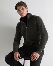 Load image into Gallery viewer, N.Peal Men's Fur Trim Half Zip Cashmere Jumper Arabica Khaki Green
