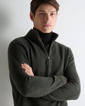 Load image into Gallery viewer, N.Peal Men's Fur Trim Half Zip Cashmere Jumper Arabica Khaki Green
