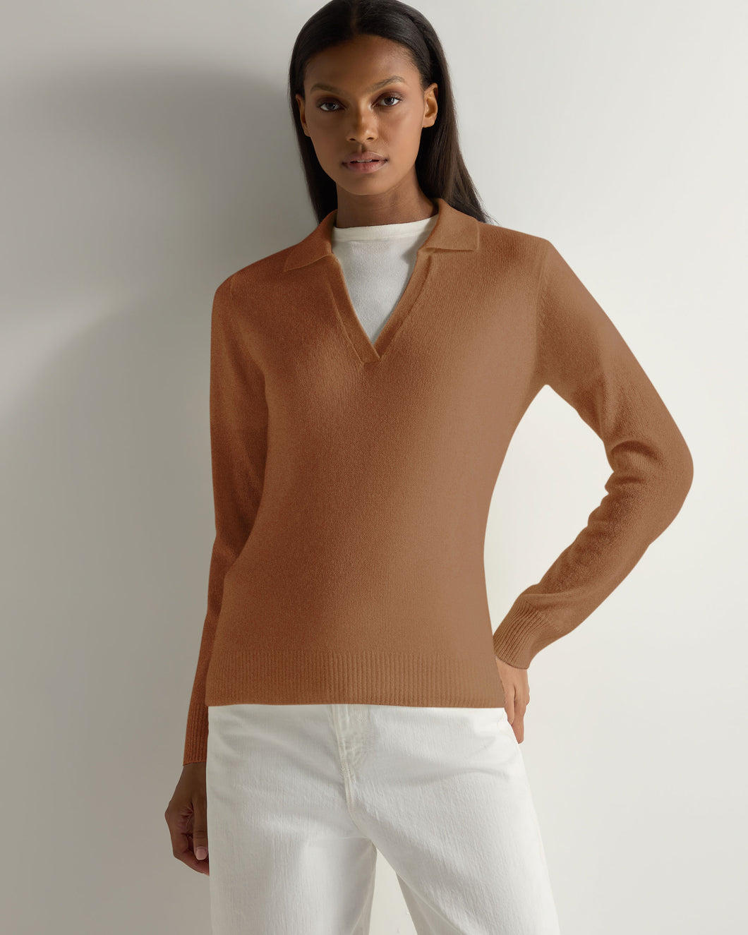Gauzy Collared Sweater Dark Camel