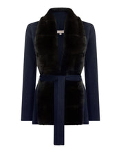 Load image into Gallery viewer, N.Peal Women's Ruby Herringbone Fur Cardigan Navy Blue
