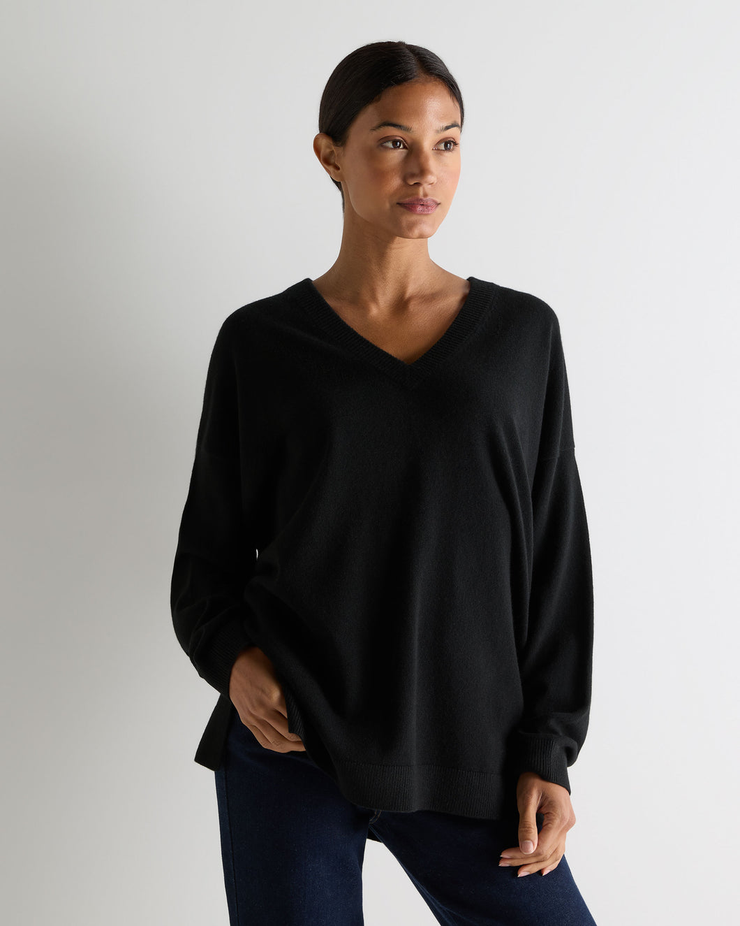 Women's Longline V Neck Cashmere Jumper Black