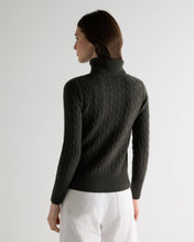 Load image into Gallery viewer, N.Peal Women's Adelyn Cable Roll Cashmere Jumper Arabica Khaki Green
