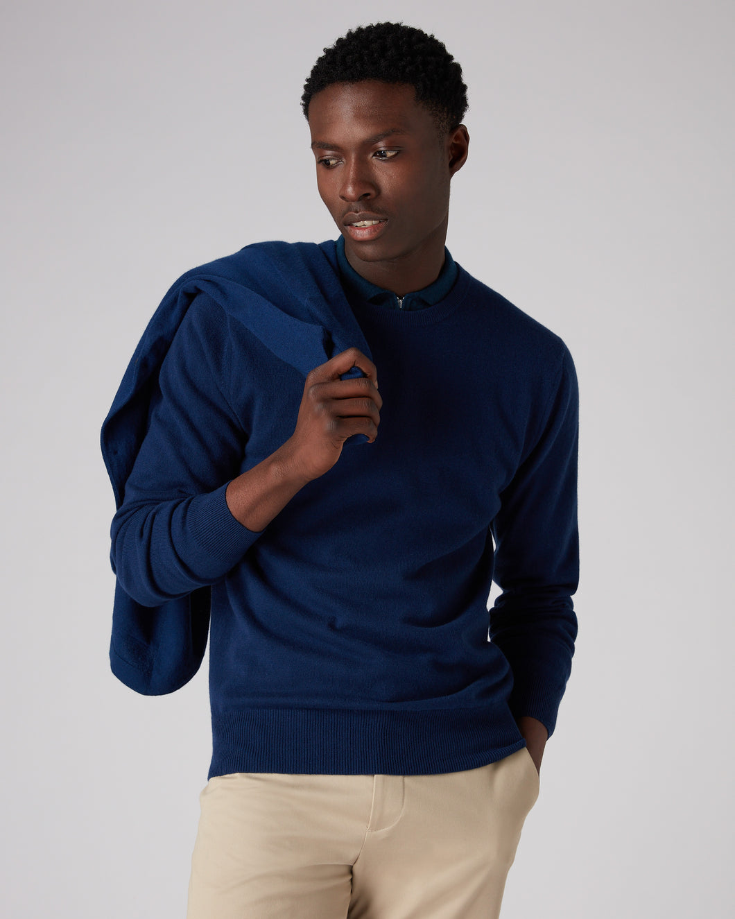 Men's Oxford Round Neck Cashmere Jumper French Blue