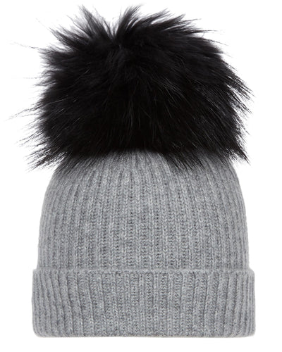 N.Peal Unisex Ribbed Cashmere Hat With Detachable Pom Flannel Grey