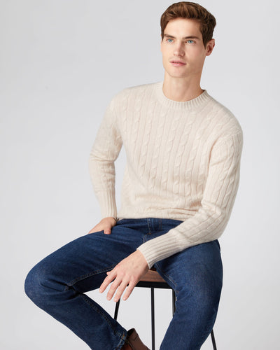 N.Peal Men's The Thames Cable Cashmere Jumper Almond White