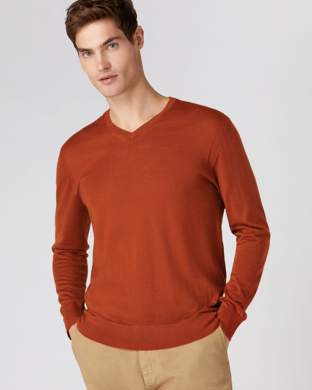 Men's Conduit Fine Gauge Cashmere V Neck Jumper Tawny Orange