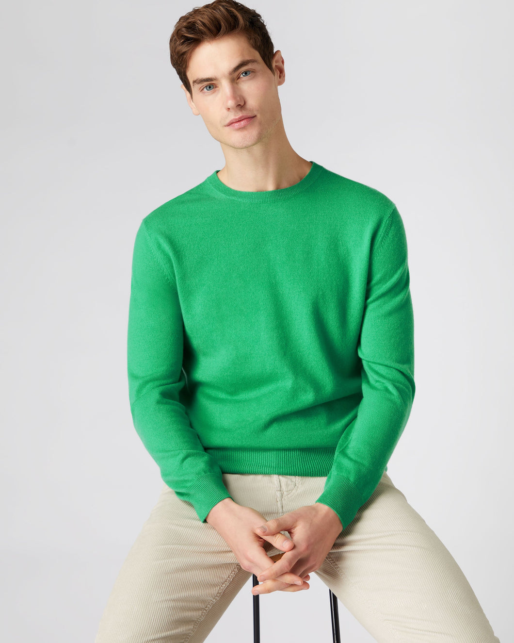 N.Peal Men's The Oxford Round Neck Cashmere Jumper Parrot Green