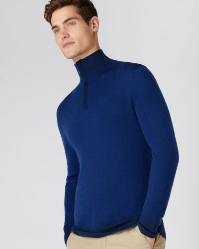 N.Peal Men's Fine Gauge Cashmere Pattern Half Zip Jumper French Blue + Ultramarine Blue