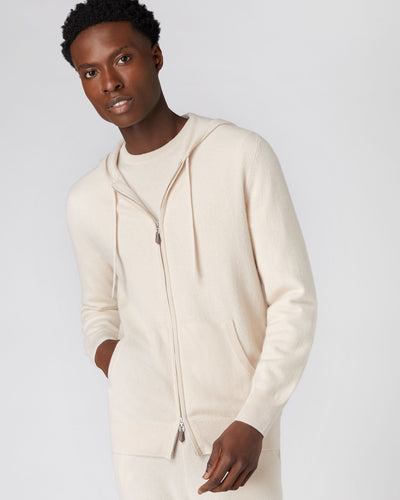 N.Peal Men's Hooded Zipped Cashmere Top Almond White