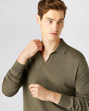 Load image into Gallery viewer, N.Peal Men&#39;s Polo Neck Cotton Cashmere Jumper Khaki Green
