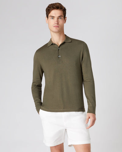 N.Peal Men's Long Sleeve Cotton Cashmere Polo Shirt Khaki Green