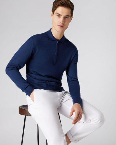 N.Peal Men's Fine Gauge Cashmere Half Zip Shirt French Blue