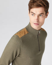 Load image into Gallery viewer, N.Peal Men&#39;s Patch Detail Half Zip Cashmere Jumper Khaki Green
