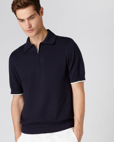 N.Peal Men's Half Zip Cotton Cashmere Polo T Shirt Navy Blue