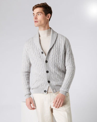 N.Peal Men's Shawl Collar Cable Cashmere Cardigan Fumo Grey