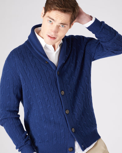 N.Peal Men's Shawl Collar Cable Cashmere Cardigan French Blue