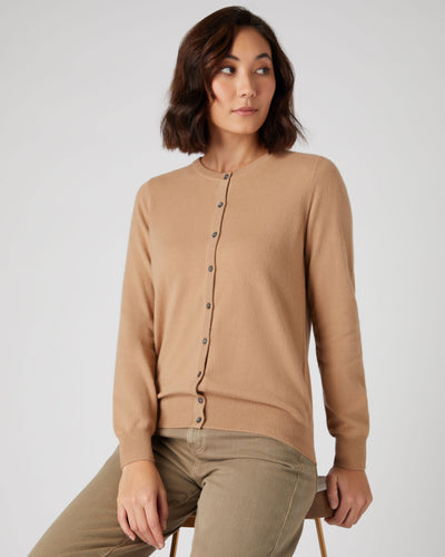 N.Peal Women's Round Neck Cashmere Cardigan Sahara Brown