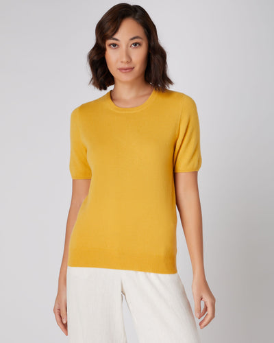 N.Peal Women's Round Neck Cashmere T Shirt Canary Yellow