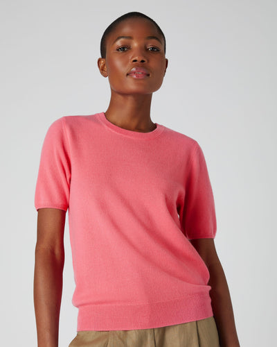 N.Peal Women's Round Neck Cashmere T Shirt Peony Pink