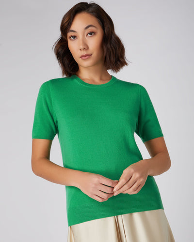 N.Peal Women's Round Neck Cashmere T Shirt Parrot Green