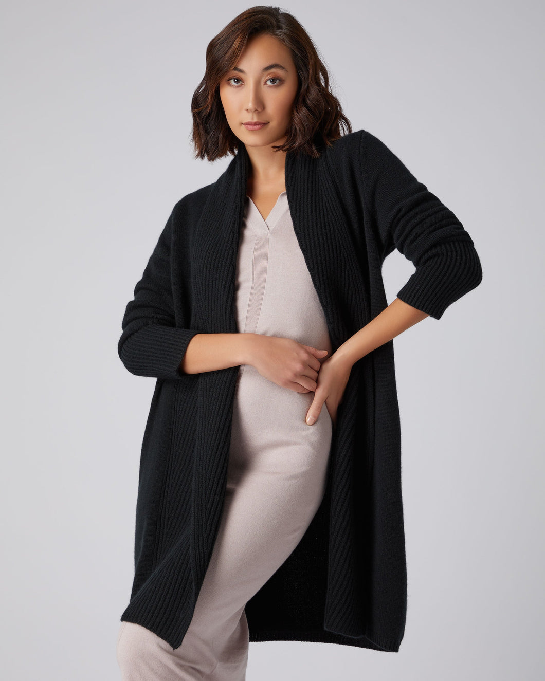 N.Peal Women's Vertical Rib Placket Cashmere Cardigan Black