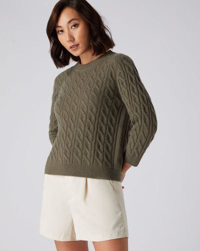 N.Peal Women's Round Neck Cable Cashmere Jumper Khaki Green