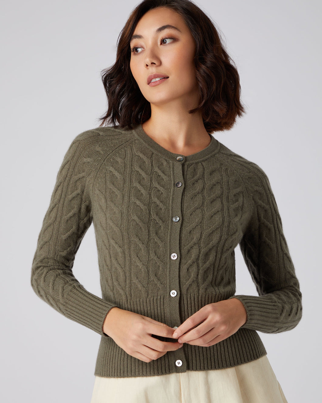 N.Peal Women's Cable Cashmere Cardigan Khaki Green