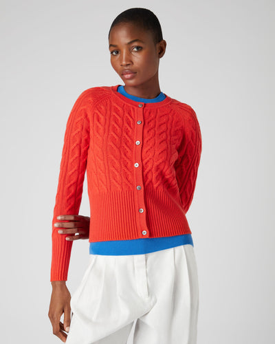 N.Peal Women's Cable Cashmere Cardigan Vermillion Red