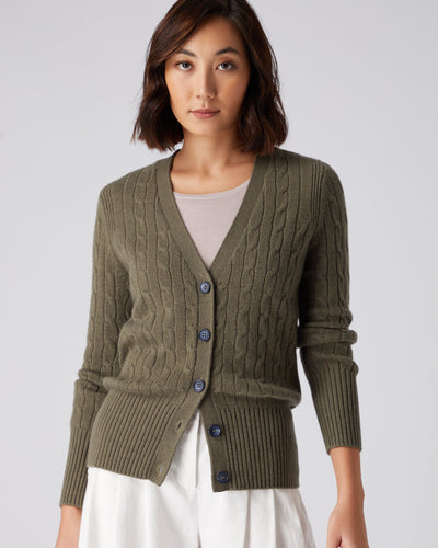 N.Peal Women's Cable V Neck Cashmere Cardigan Khaki Green