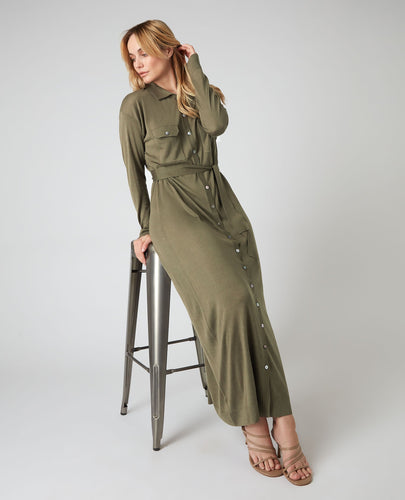 N.Peal Women's Double Pocket Shirt Dress Khaki Green