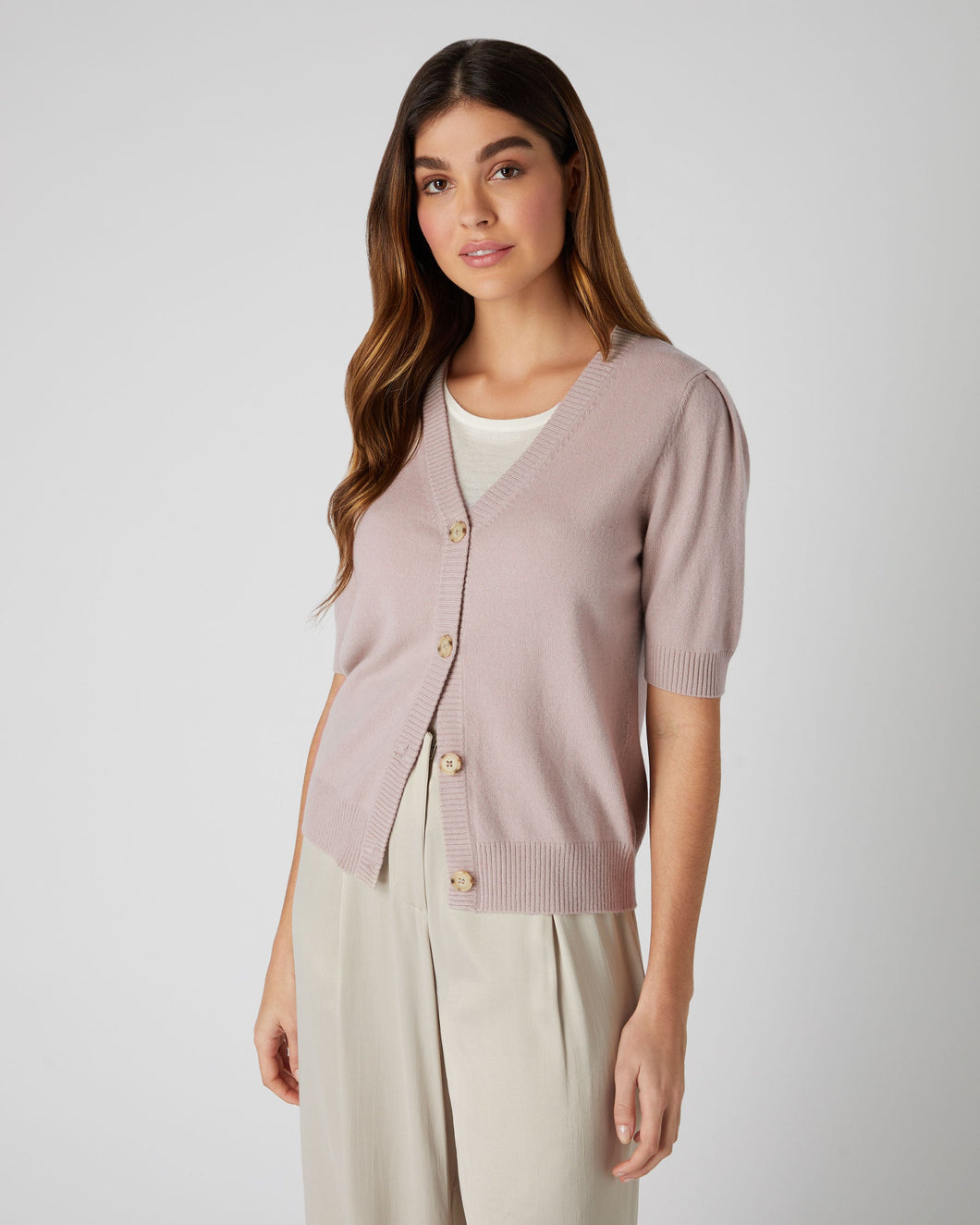 N.Peal Women's Short Sleeve Cashmere Cardigan Canvas Pink