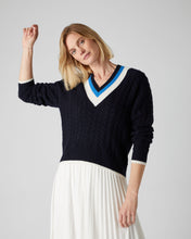 Load image into Gallery viewer, N.Peal Women&#39;s Cable Cricket Cashmere Jumper Navy Blue
