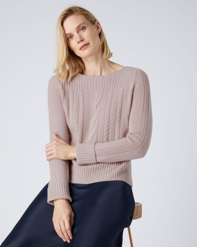 N.Peal Women's Cable Boat Neck Cashmere Jumper Canvas Pink