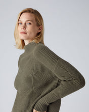 Load image into Gallery viewer, N.Peal Women&#39;s Cable Mock Neck Cashmere Jumper Khaki Green
