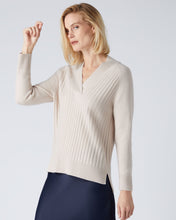 Load image into Gallery viewer, N.Peal Women&#39;s V Neck Wide Rib Cashmere Jumper Almond White
