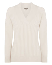 Load image into Gallery viewer, N.Peal Women&#39;s V Neck Wide Rib Cashmere Jumper Almond White
